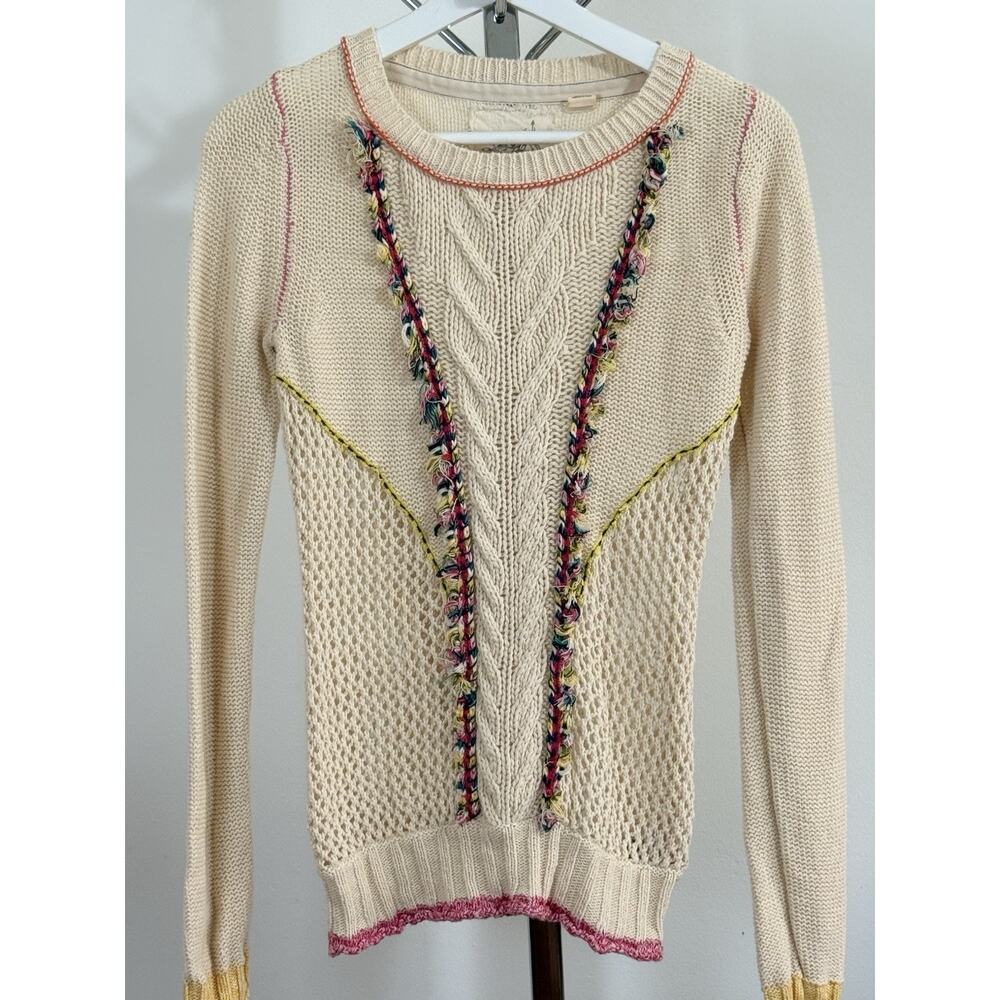 Anthropologie Angel Of The North Sweater Size S Ivory Knit Fringe Boho Crochet - Picture 2 of 13